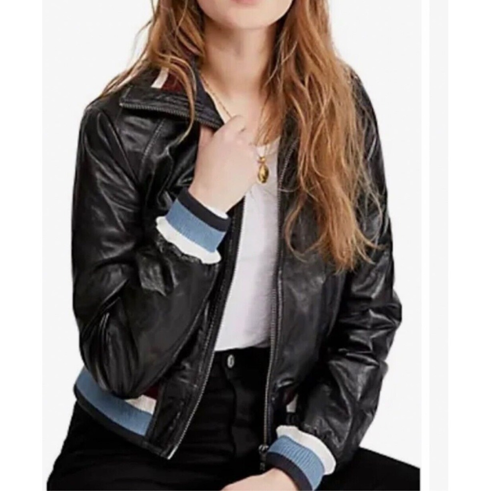 Free People Leather Bomber Jacket Women's Size Xs Black New